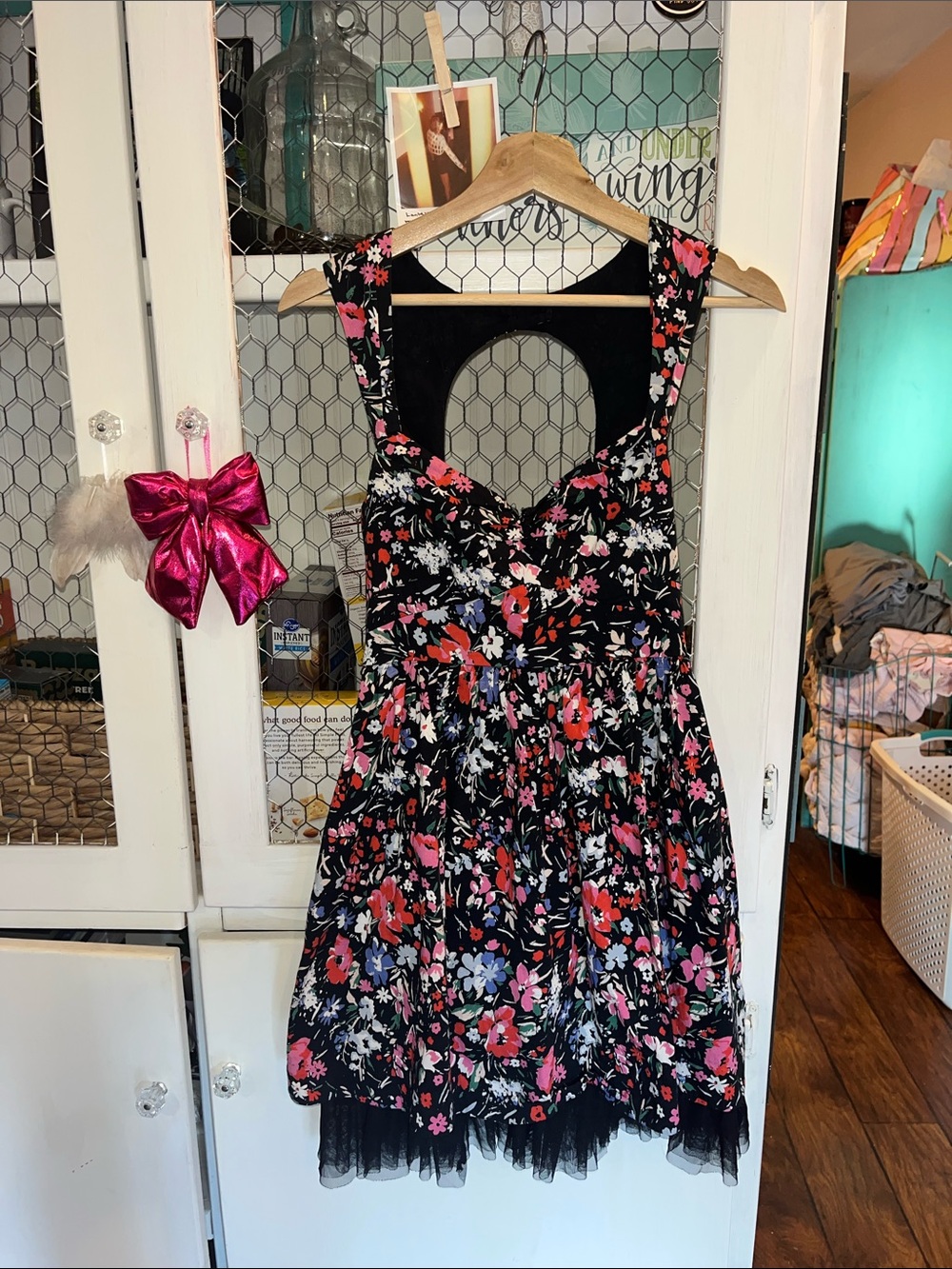 Free People Black Floral Sundress with Pink & Red Flowers
